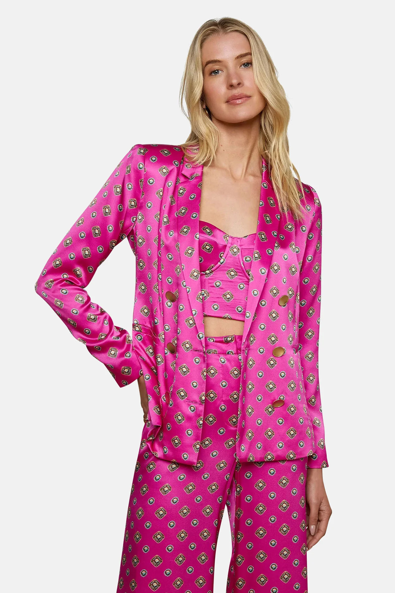 Colin Silk Blazer Fuchsia/Turquoise Southwestern Geo | Blue & Cream