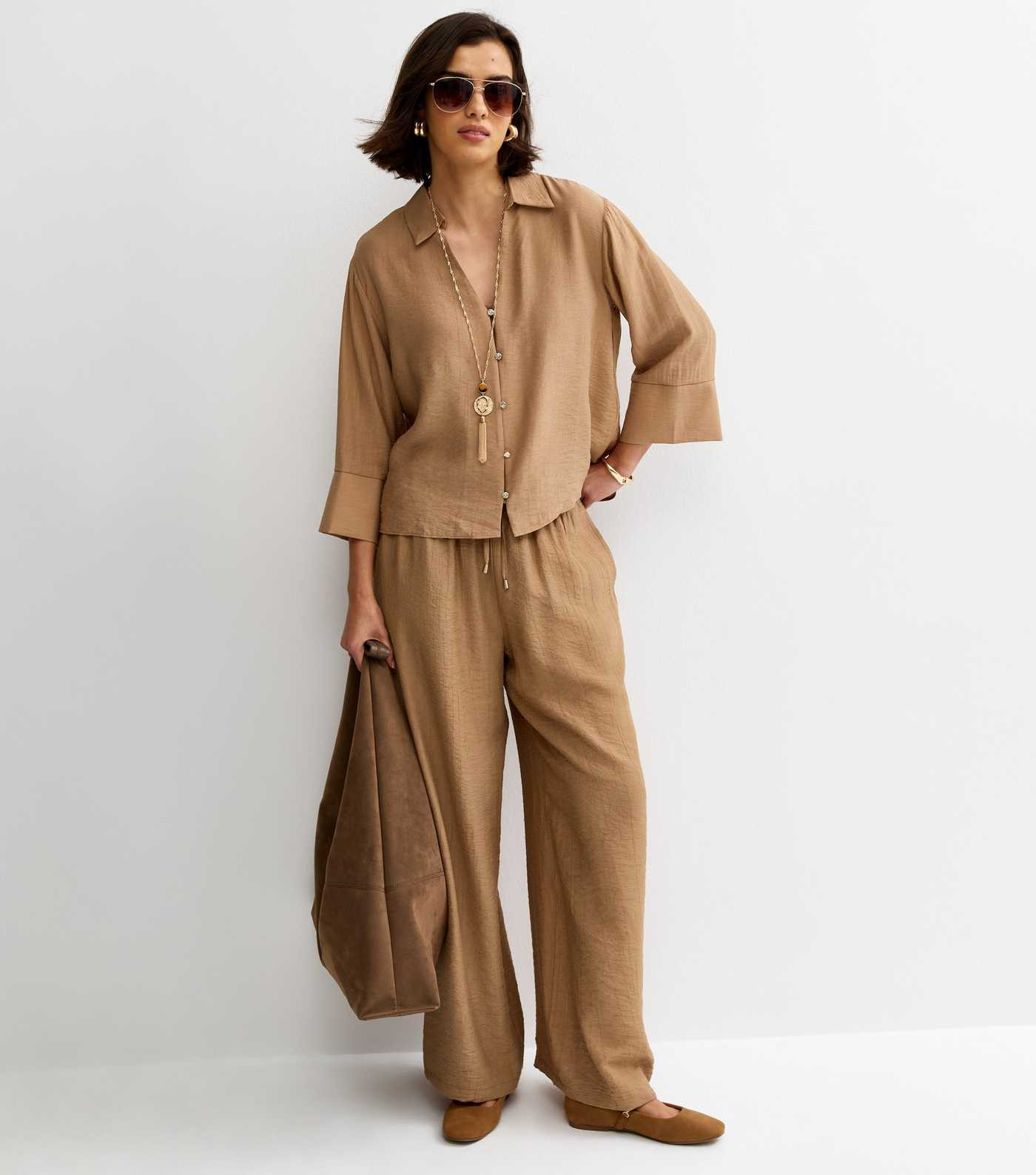 Camel Crinkled Cropped Sleeve Shirt | New Look | New Look (UK)