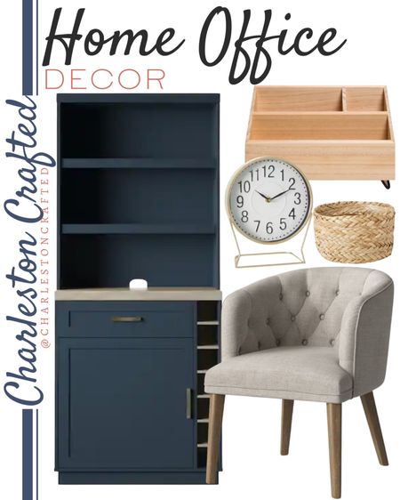 Home Office decor includes navy bookcase, armless upholstered chair, small storage basket, gold table clock, and wooden desk storage.

Office decor, home office, neutral decor, eclectic decor, navy office, modern decor 

#LTKstyletip #LTKhome #LTKfamily