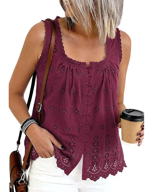 PRETTYGARDEN Women's Lace Tank Top Embroidery Eyelet Blouses | Square Neck, Cute Sleeveless Tops,... | Amazon (US)