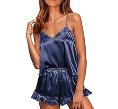 PRETTYGARDEN Women's Silk Pajamas Sexy V Neck Cami Ruffle Shorts Satin Pajama Set Summer Sleepwea... | Amazon (US)