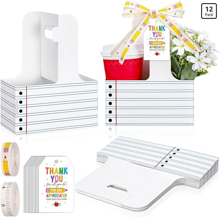 12 Set Teacher Appreciation Gifts Notebook Design 2 Cup Drink Carrier with Greeting Card Ribbon D... | Amazon (US)