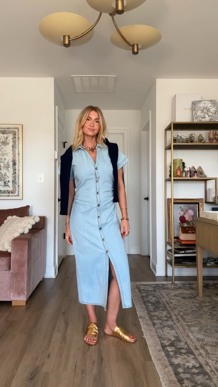 Denim dress + cardigan! 
Dress: runs TTS
Shoes: run TTS

Get 20% off Anthropologie orders over $100 with my exclusive code LEANNE20

#LTKootd #LTKSeasonal #LTKSaleAlert
