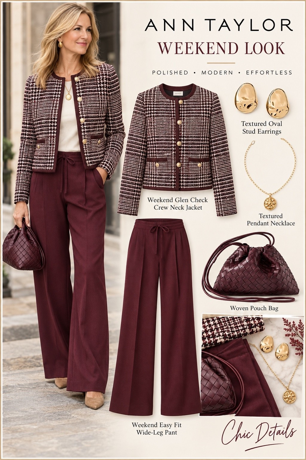 Ann Taylor is doing fall SO well. 🤎🍂

This weekend look is polished, comfortable, and so easy to wear—the gorgeous glen check jacket paired with the plum wide-leg pants is such a sophisticated combination. Add the woven plum bag and simple gold jewelry and the whole look comes together beautifully.

Perfect for lunch, shopping, dinner, or a casual fall weekend when you still want to look pulled together.

Shop all the pieces from this Ann Taylor look right here in my LTK. 🛍️

#AnnTaylor #FallStyle #Over60Style #MatureStyle #LTKOver60

#LTKootd #LTKgrwm #LTKSaleAlert