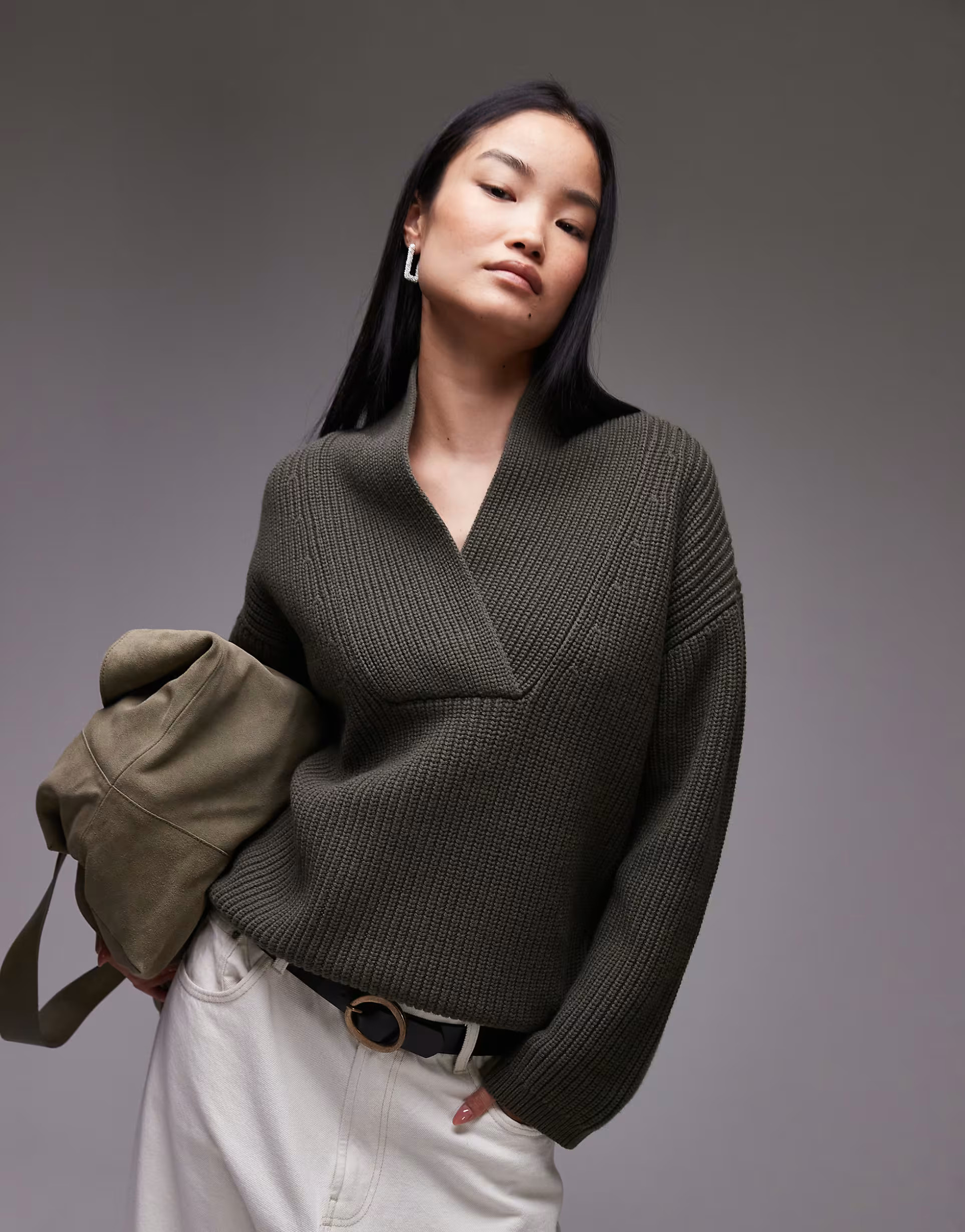 ARKET wool blend rib oversized sweater with shawl collar in khaki green | ASOS (Global)