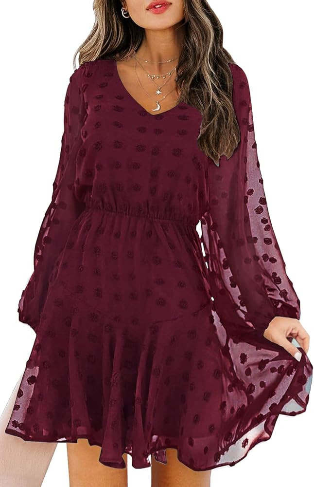 KIRUNDO Women’s Dress Long Sleeves V Neck Flowy Mini Dress Swiss Dot High Waist Chiffon Casual Dress | Amazon (US)