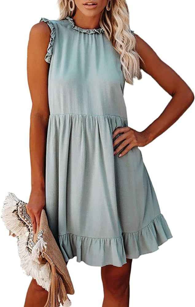 Ecrocoo Women's Mini Dress Casual High Neck Summer Beach Dress Loose Flowy Swing Shift Dresses Tu... | Amazon (US)