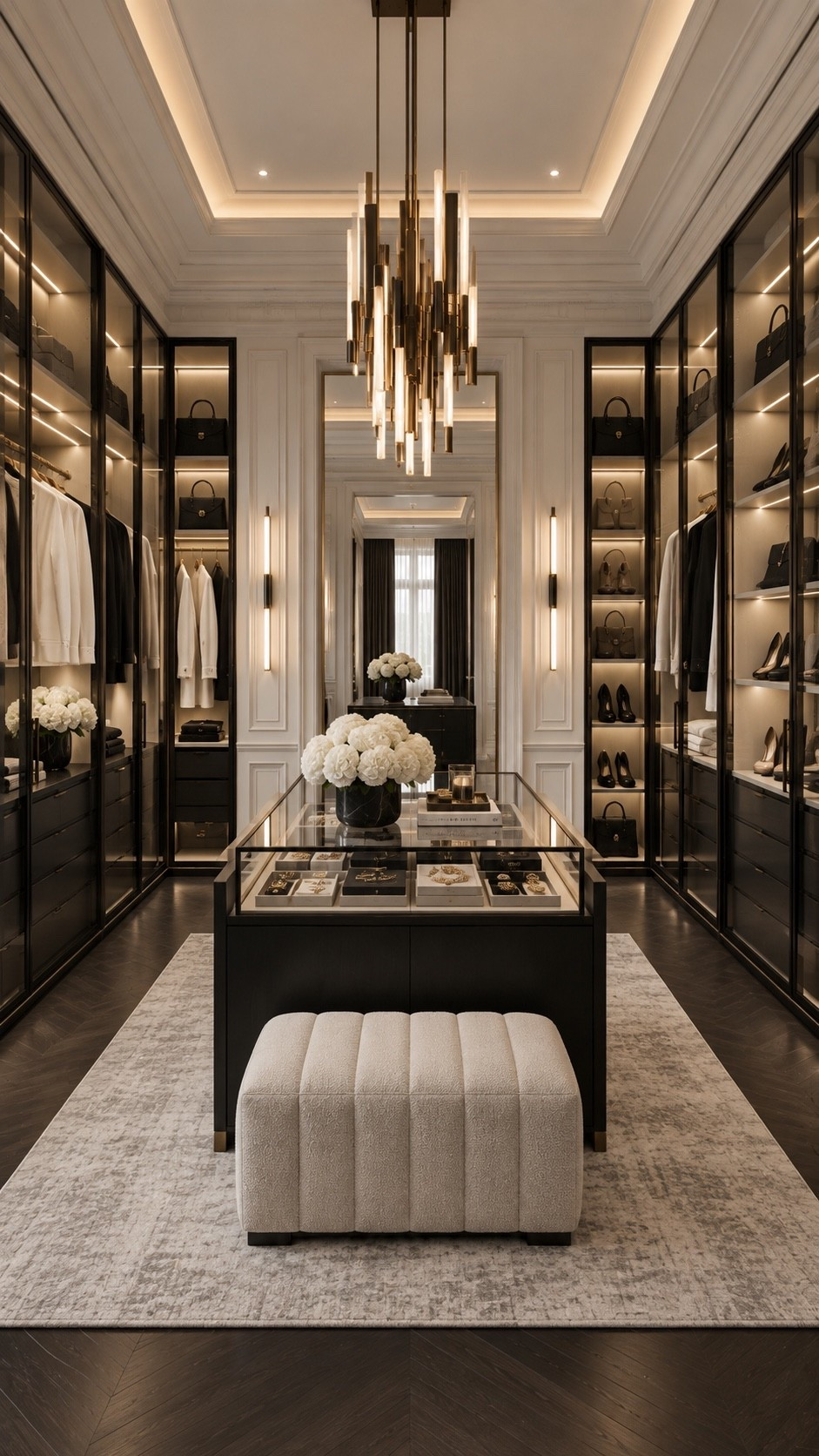 Shop This Room — link below. Recreate this sophisticated walk-in closet with black glass-front cabinetry, a statement center island, plush cream seating and sculptural brass lighting. Warm integrated shelf lighting, gold accents and elegant organization create a polished luxury dressing room with a dramatic quiet-luxury feel.

#WalkInCloset #LuxuryCloset #DreamCloset #ClosetInspo #DressingRoom #ClosetDesign #LuxuryDressingRoom #ClosetOrganization #LuxuryInteriors #BlackAndGoldInterior #QuietLuxury #ModernCloset #LuxuryHome #InteriorDesign #HomeDecor #DesignerHome #ClosetGoals #HomeOrganization #InteriorInspo #HomeInspiration #LTKHome #LTKFinds #HomeFinds #LuxuryDecor