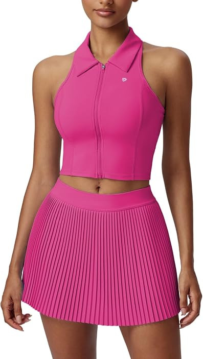 Women 2 Piece Tennis Golf Outfit Zip Polo Top Pleated Athleisure Skirt Set | Amazon (US)