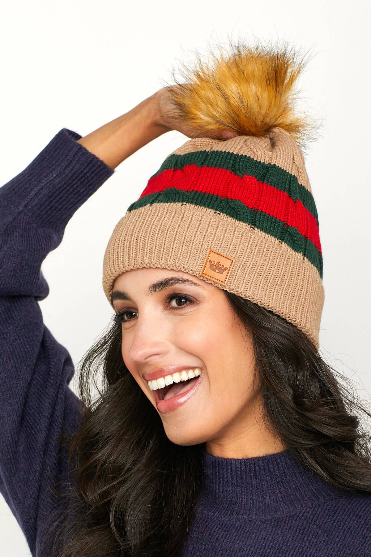 Panache Red/Green Stripe Tan Cable Pom Pom Hat | Social Threads