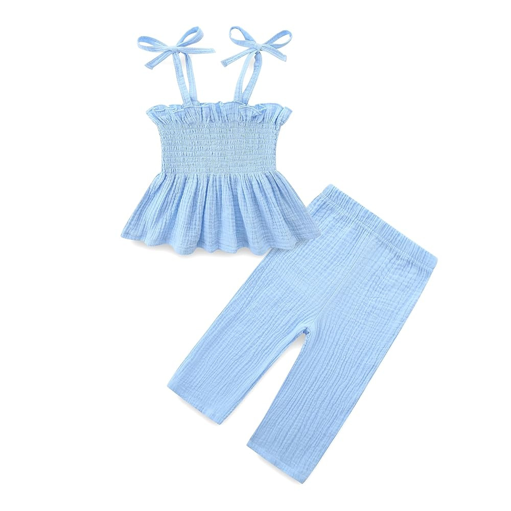 Toddler Girls Summer Outfits Clothes Sleeveless Pant Set Solid Color 100% Cotton Strap Ruffle Bab... | Amazon (US)