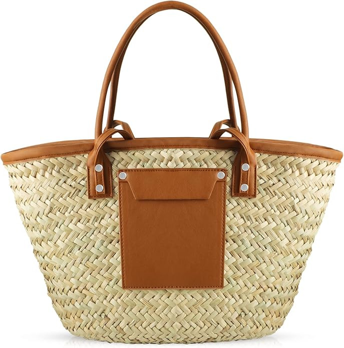 Summer Beach Handwoven Straw Basket Bag With Leather Panels - Rattan Crossbody Shoulder Bag for W... | Amazon (US)