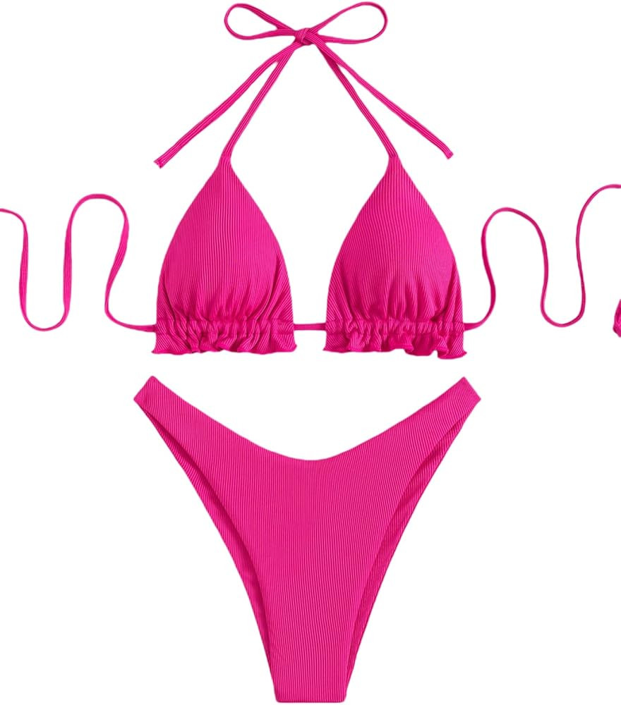 Floerns Women's Floral Frill Trim Underwire High Cut Two Piece Bikini Swimsuit | Amazon (US)