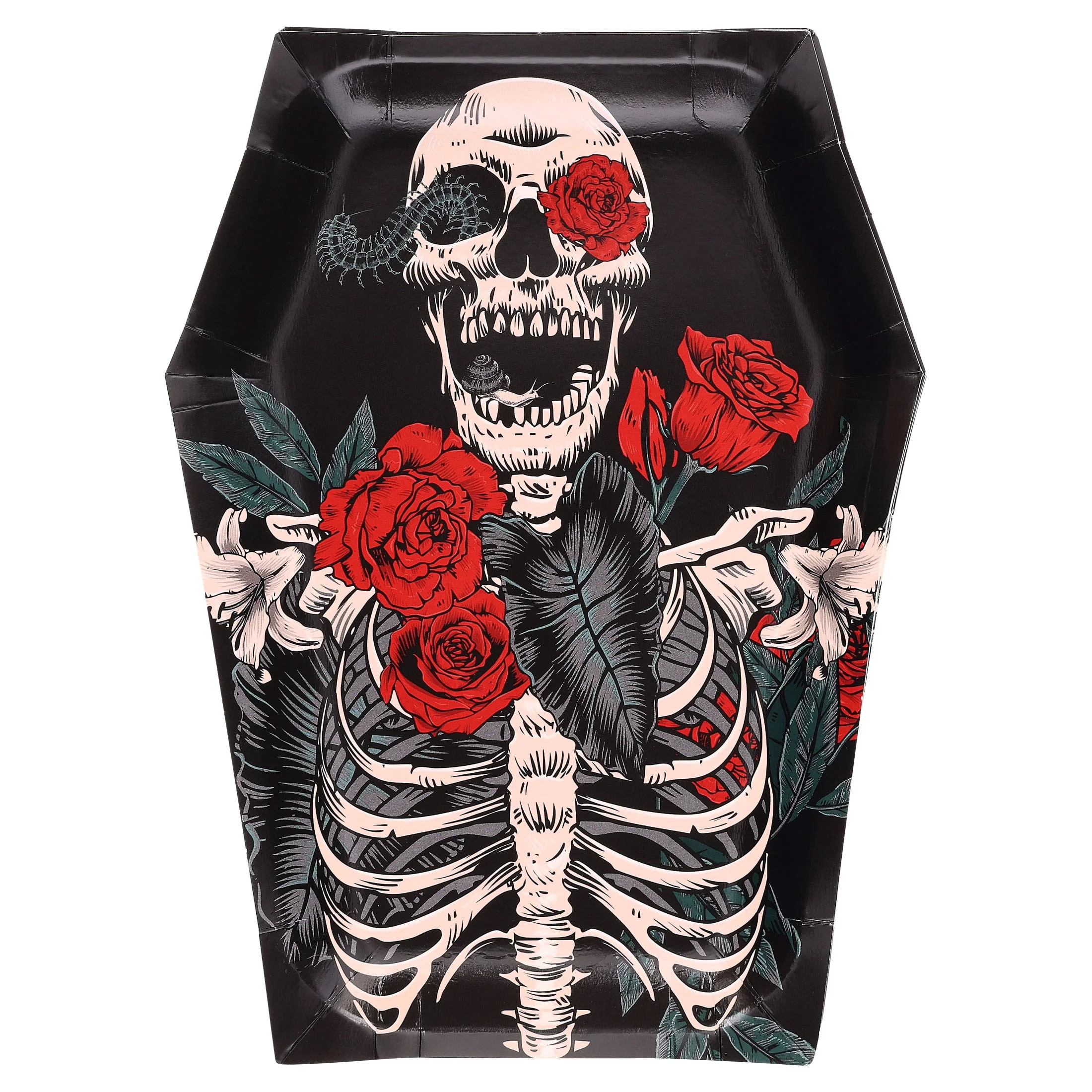 Skeleton and Roses Coffin-Shaped Disposable Paper Plates, Multicolor, 10" x 7.5", 8 Count, Halloween by Way To Celebrate - Walmart.com | Walmart (US)