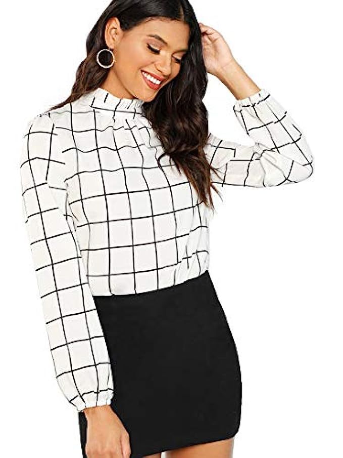 Romwe Women's Elegant Striped Stand Collar Workwear Blouse Top Shirts | Amazon (US)