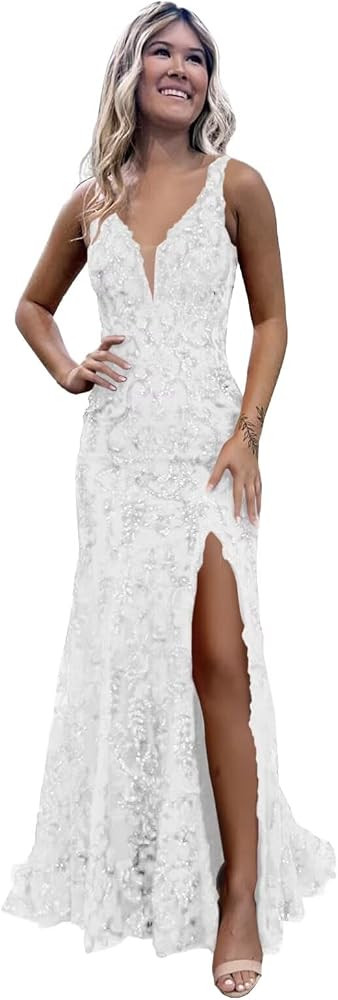 Women's Sparkly Sequin Mermaid Prom Dress V Neck Long Formal Evening Party Gowns | Amazon (US)