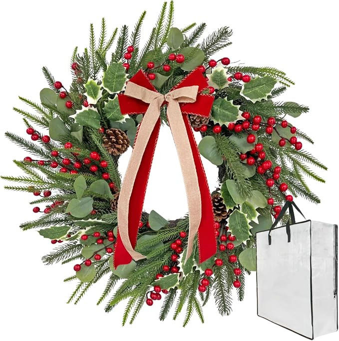 Front-Door Christmas Wreaths with Bow: 24 Inch Red Berry Pine Wreath Comes with Storage Bag - Dur... | Amazon (US)