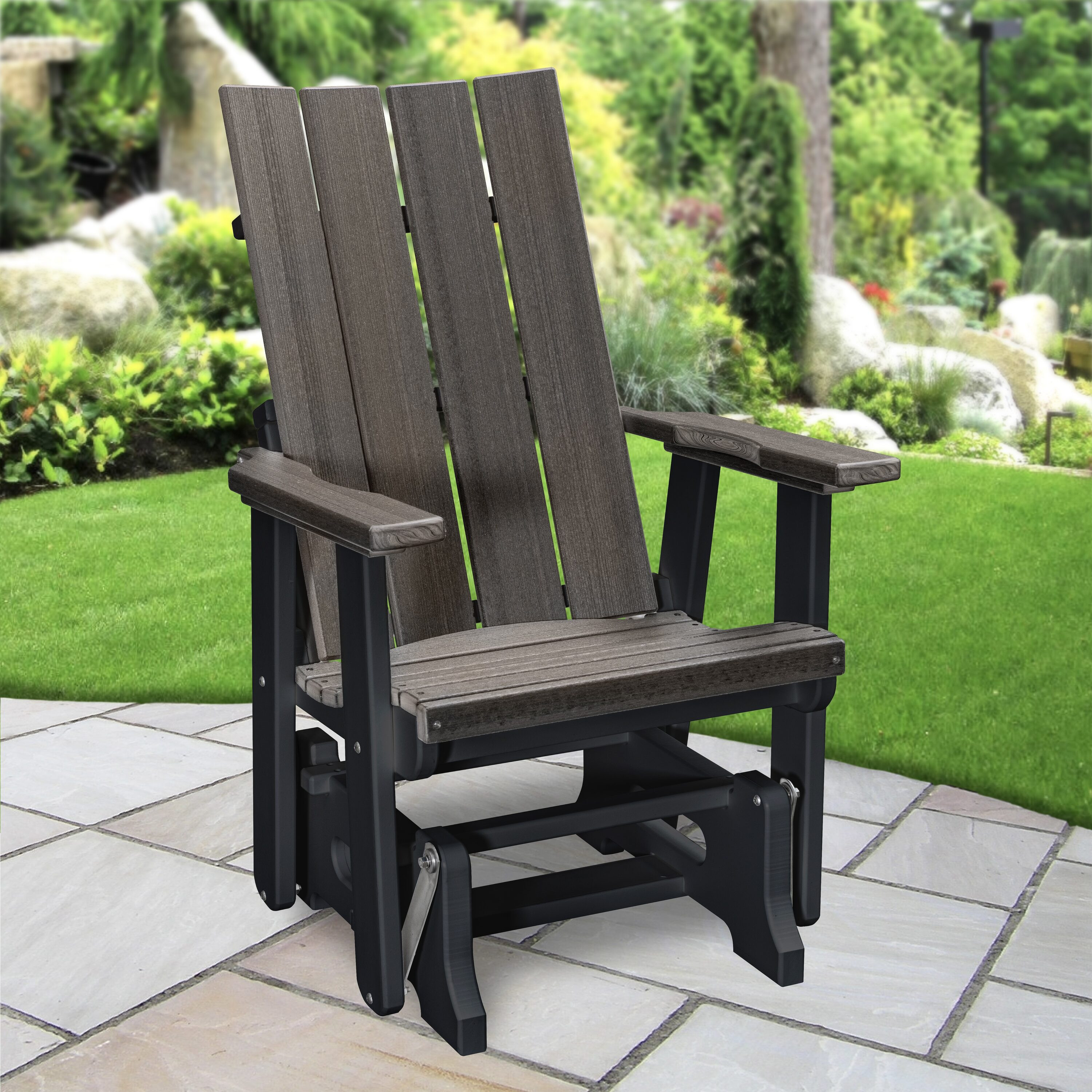 American Furniture Classics Brandon Black HDPE Frame Glider Adirondack Chair with Slat Seat one_size | 415CGBK | Lowe's