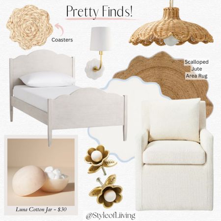 Scalloped edge pretty finds! Woven coasters, pendant light, round jute rug, placemats, wall sconces, flower knobs set, cotton jar bath accessories. Pottery Barn Kids twin bed, Anthropologie, Serena and Lily, TJ Maxx, Cailini Coastal. 

#LTKStyleTip #LTKHome #LTKKids