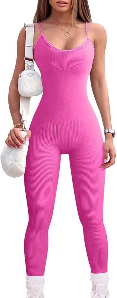 Women Workout Seamless Jumpsuit Yoga Ribbed Bodycon One Piece Spaghetti Strap Leggings Romper | Amazon (US)