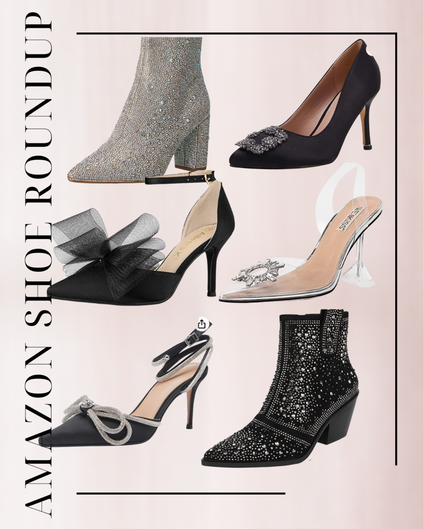 Amazon shoe roundup, rhinestone booties, pumps, bow, clear, transparent, 

#LTKunder100 #LTKSeasonal #LTKshoecrush