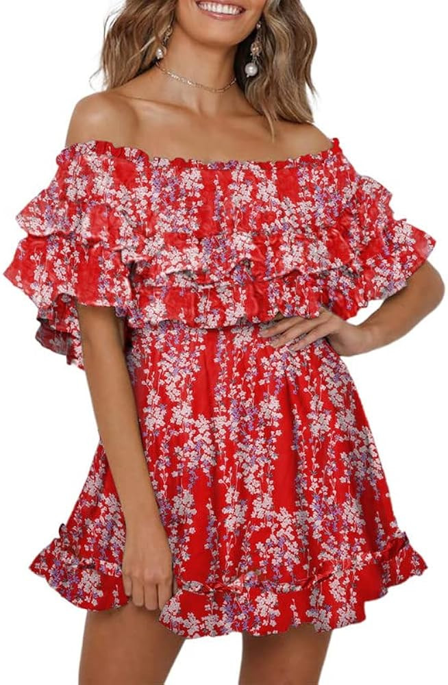 Dokotoo Womens 2023 Summer Floral Print Off The Shoulder Elastic Waist Boho Mini Dresses | Amazon (US)