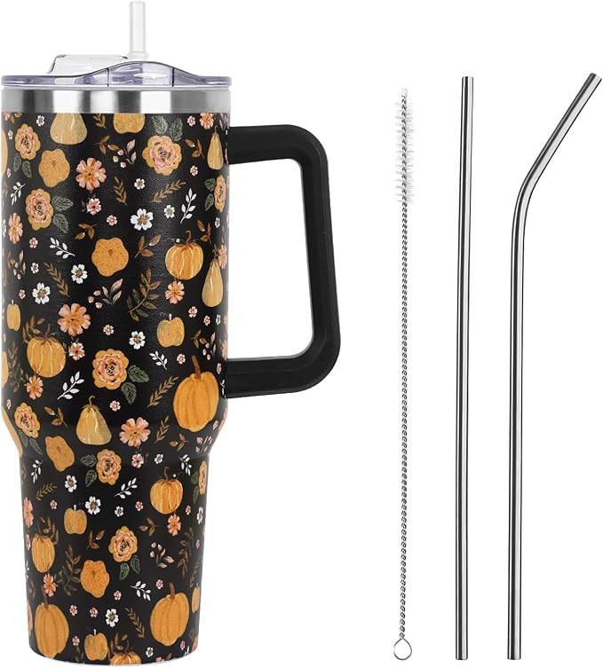 Fall Thanksgiving Tumbler with Lid and Straw 40oz, Vintage Oil Floral Pumpkin Vacuum Insulated Le... | Amazon (US)