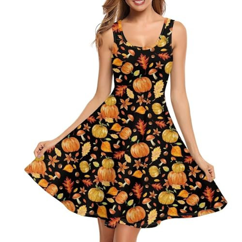 ZWPINITUP Fall Thanksgiving Dress, Maple Mushroom Pumpkin Sleeveless A-line Skirt Crew Neck Swing Sundress for Women with Pocket | Amazon (US)