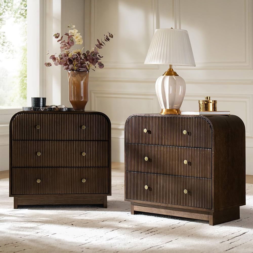 HULALA HOME Fluted Nightstands Set of 2 with Charging Station, Modern 3 Drawer Wood Night Stands ... | Amazon (US)