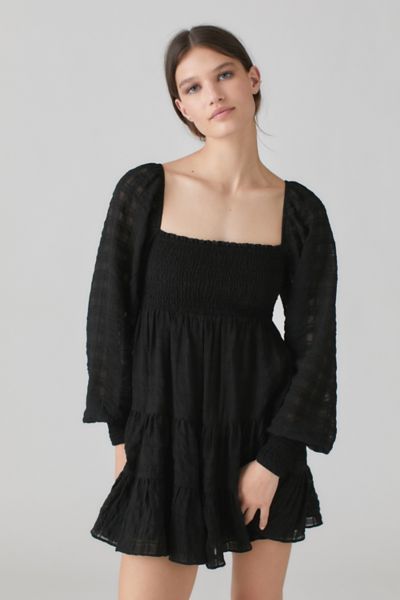 UO River Smocked Long Sleeve Mini Dress | Urban Outfitters (US and RoW)