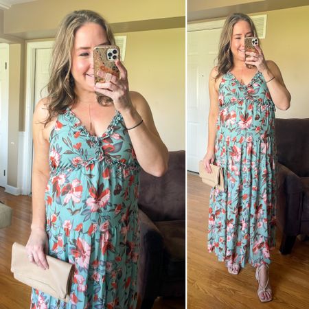Floral printed V-neck maxi dress with heels and clutch from The Drop on Amazon. 

#LTKsalealert #LTKFind #LTKSeasonal
