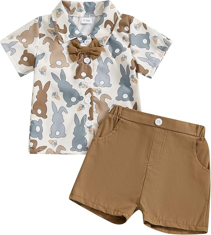 Hnyenmcko Toddler Baby Boy Easter Outfit Short Sleeve Bunny Print Button Down Shirt Solid Shorts ... | Amazon (US)
