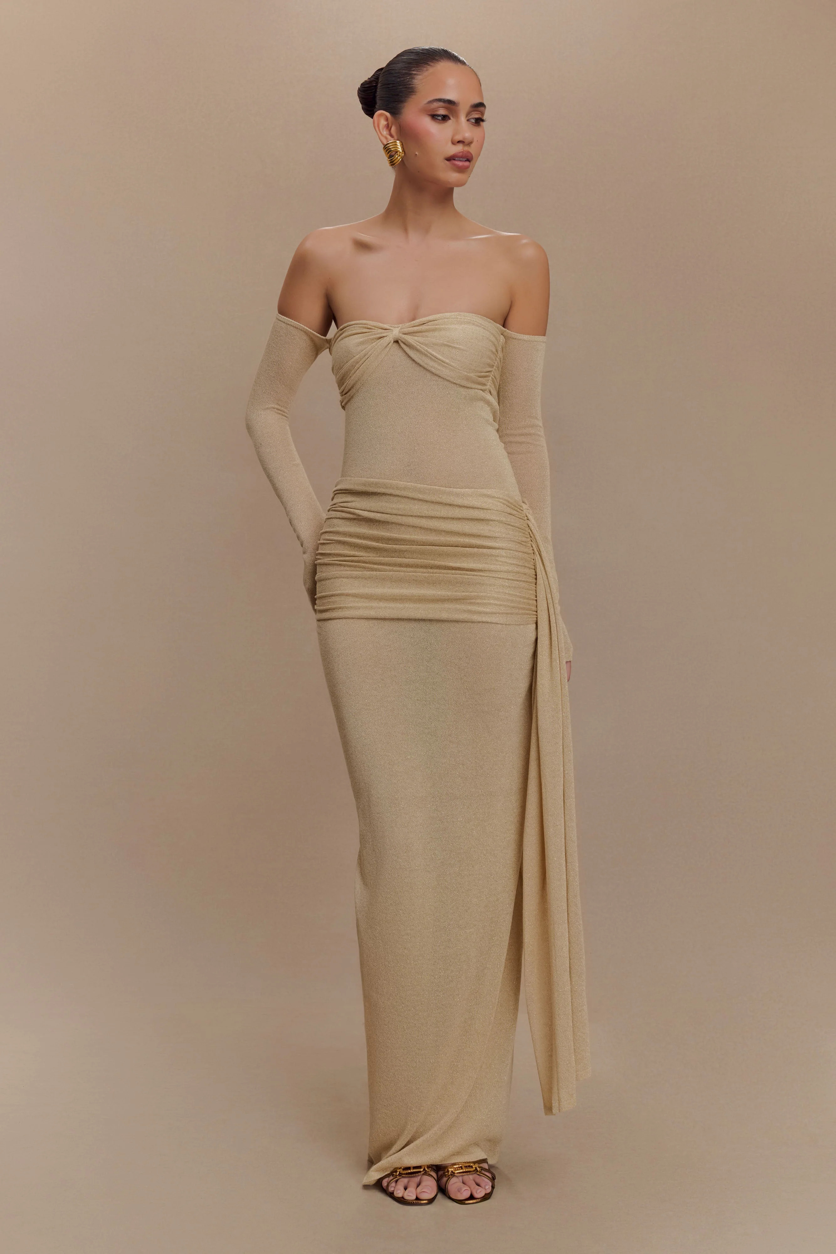 Ingrid Metallic Knit Maxi Dress - Bronze | MESHKI US