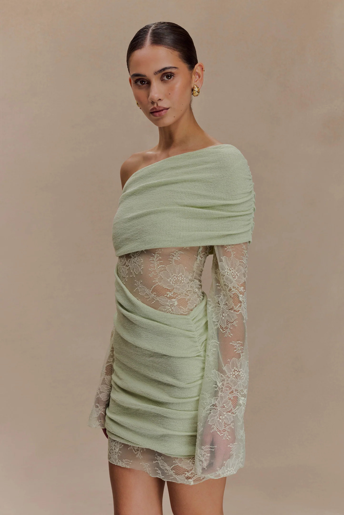 Luxie Lace Knit Mini Dress - Pastel Green | MESHKI US