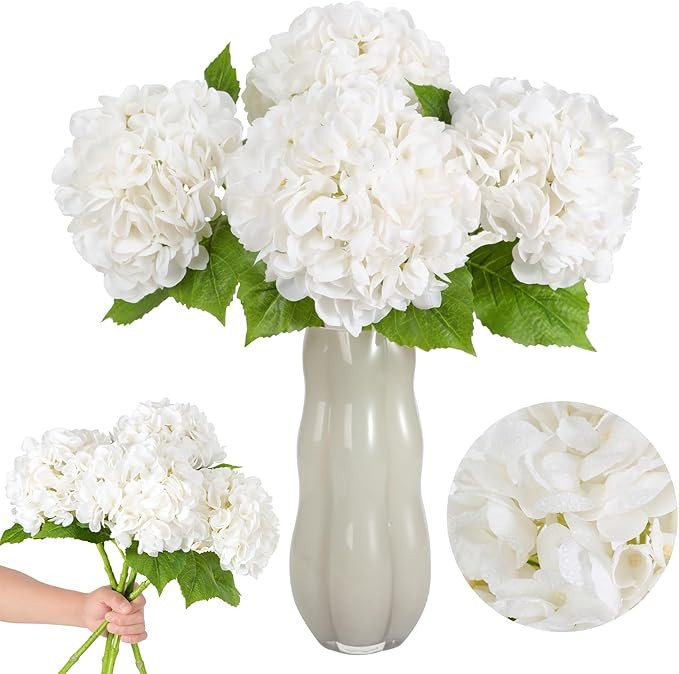 Nubry 4Pcs White Hydrangea Artificial Flowers, 22.5In Latex Faux Real Touch Large Hydrangea Flowe... | Amazon (US)