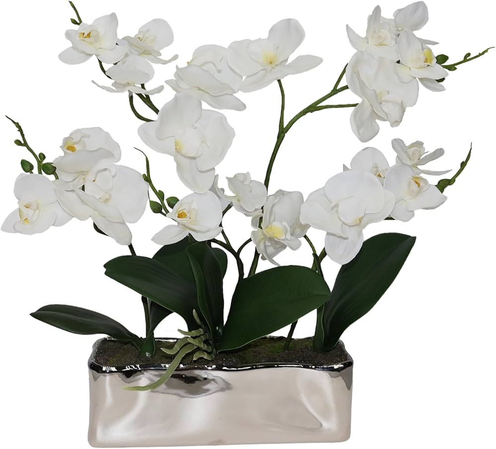 Amazon.com: BINFEN Fake Orchid Flowers 16'' Orchids Artificial Flower with Silver Rectangle Ceram... | Amazon (US)