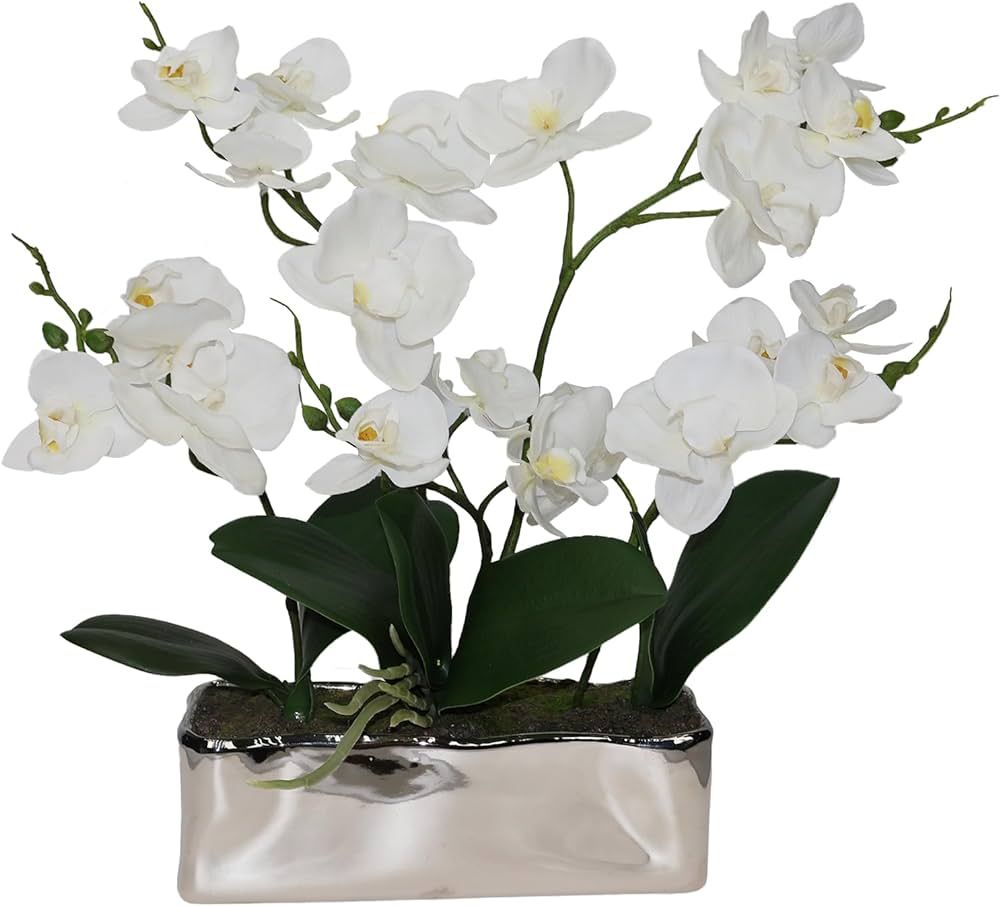 Amazon.com: BINFEN Fake Orchid Flowers 16'' Orchids Artificial Flower with Silver Rectangle Ceram... | Amazon (US)