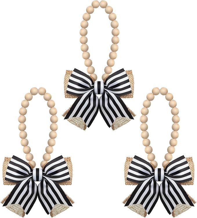3 Pieces Double-Layered Wreath Bows with Wood Beads Garland, Black and White Stripes Hanging Bows... | Amazon (US)