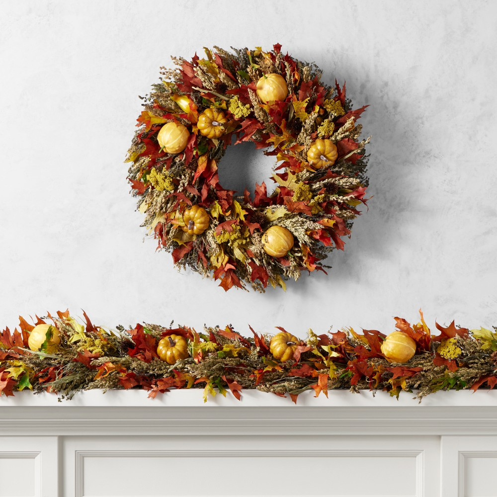 Pumpkin & Fall Leaves Live Wreath & Garland | Williams-Sonoma