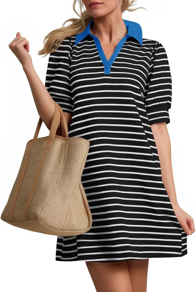 ZESICA Womens Summer Striped T Shirt Mini Dresses 2026 Casual Lapel V Neck Short Sleeve Flowy A L... | Amazon (US)