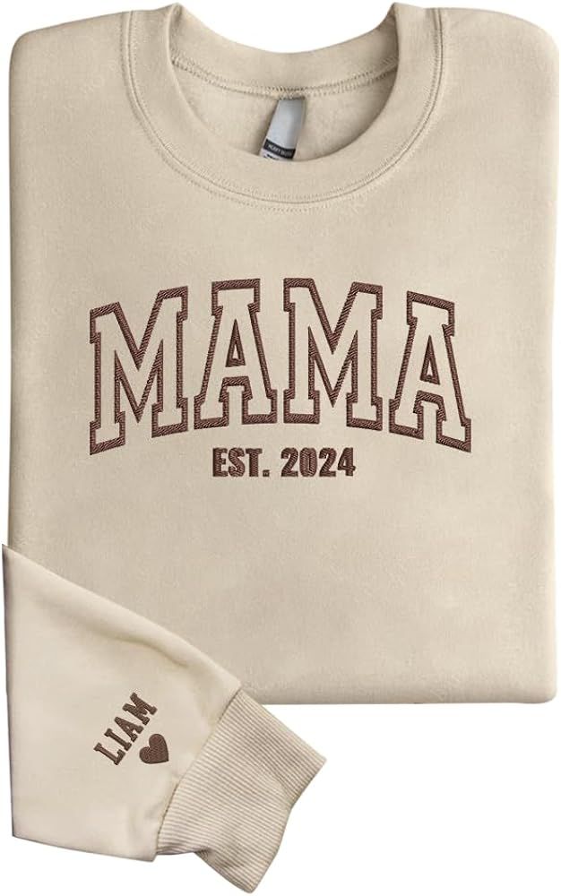 Custom Embroidered Mama EST with Kids Names Sweatshirt, Custom Kid Name On Sleeve, Mama Sweatshir... | Amazon (US)