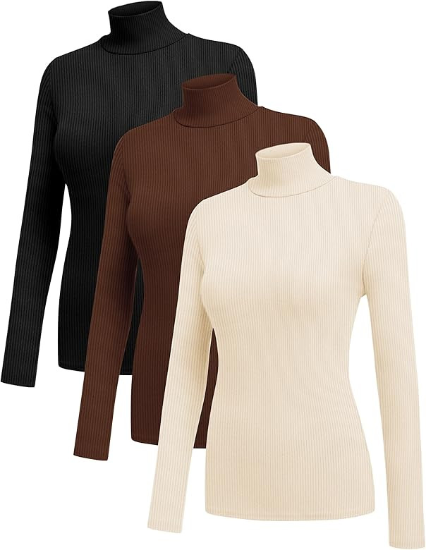 Ekouaer Women 3 Pack Turtleneck Shirts Ribbed Thermal Underwear Tops Lightweight Long Sleeve Laye... | Amazon (US)
