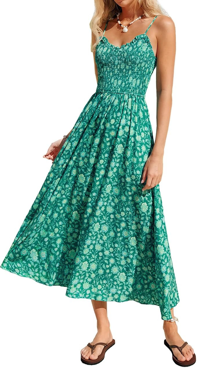 Kate Kasin Womens Summer Floral Maxi Dress, Long Beach Boho Smocked Dresses, Vacation Sundress wi... | Amazon (US)