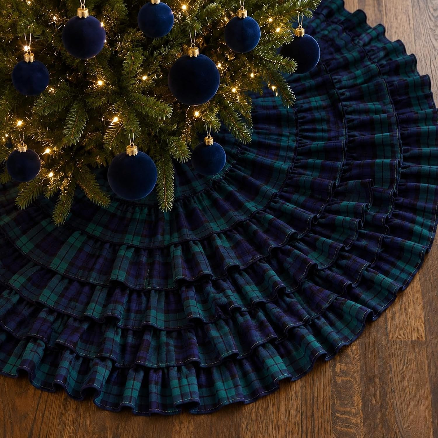 Navy Blue Ruffle Christmas Tree Skirt Tartan Plaid 48 Inch | Amazon (US)