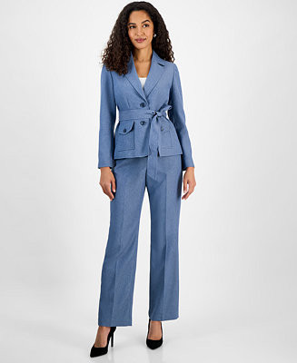 Le Suit Women's Two-Button Belted Safari Jacket & Mid-Rise Straight-Leg Pants Set - Macy's | Macy's