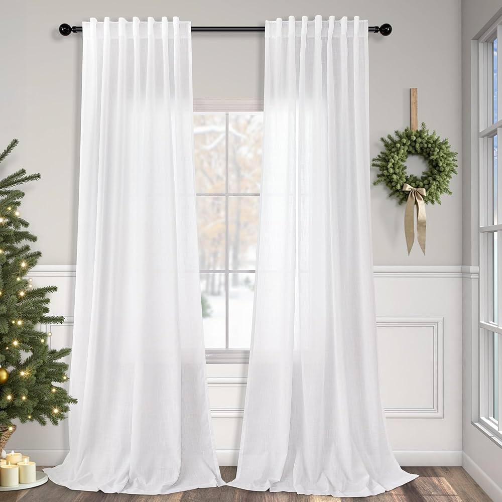 Pitalk White Linen Curtains 90 Inches Long for Living Room 2 Panels Back Tab Rod Pocket Draperies... | Amazon (US)