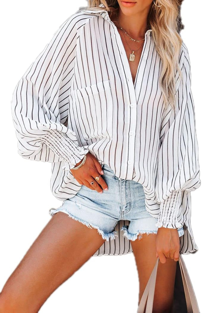 Paintcolors Women's Cotton Pocketed Button Up Shirts Long Billowy Sleeves Blouse V Neck High Low ... | Amazon (US)