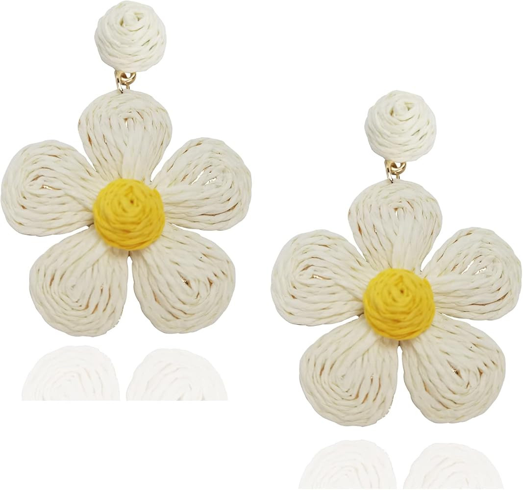 Flower Raffia Earrings for Women Statement Palm Bohemian Drop Dangle Earring Summer Tropical Beac... | Amazon (US)