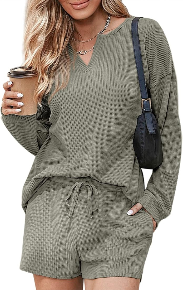 Ekouaer Womens Waffle Knit Pajamas Lounge Set Long Sleeve Top and Shorts 2 Piece Loungewear with ... | Amazon (US)