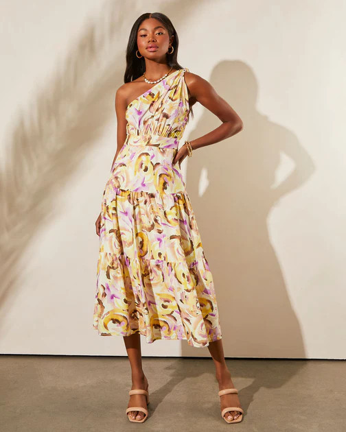Isidore One Shoulder Tiered Midi Dress - Yellow/Multi | VICI
